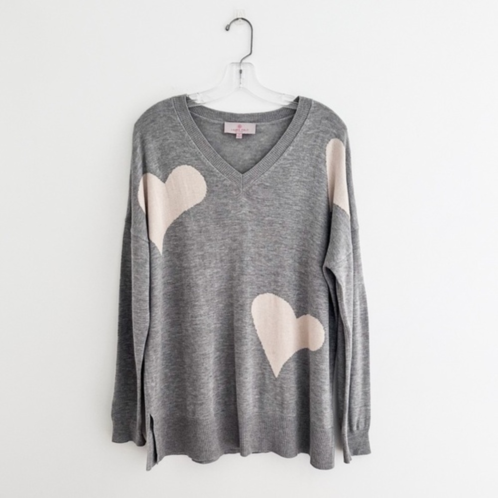 Women's Gray V-Neck Sweater with Pink Heart Motifs